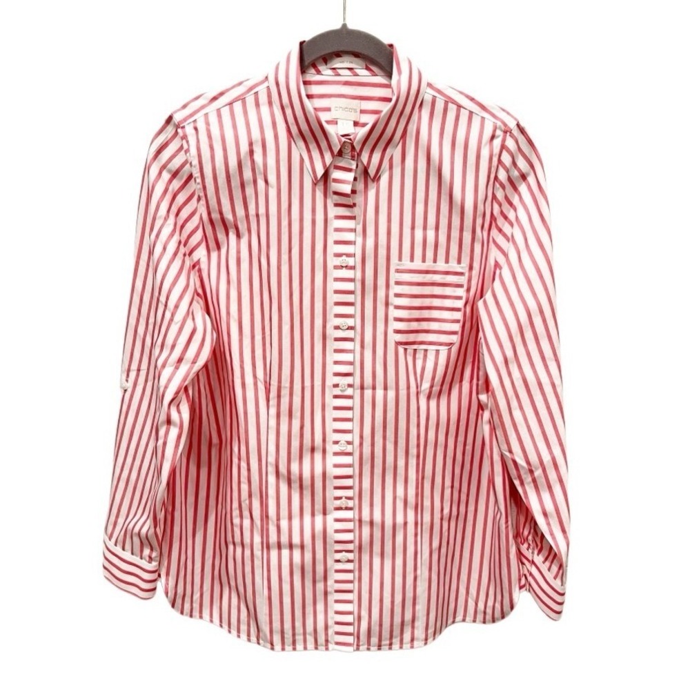 Chico's No-Iron Striped Button Down Shirt Size Medium 10 Preppy Classic Nautical
